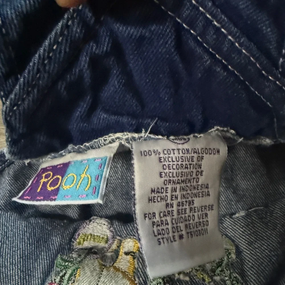 Vintage Disney Winnie the Pooh Denim Shortalls 18M Snap Bottom Y2K Embroidered